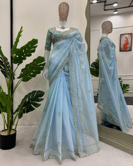 Designer Sky Tibby Silk Embroidery Work Saree With Blouse