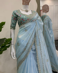 Designer Sky Tibby Silk Embroidery Work Saree With Blouse