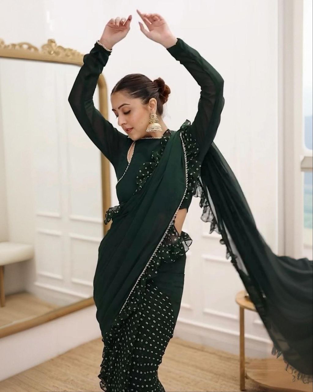 Dark Green Soft Georgette Fancy Lace Saree With Blouse