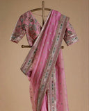 Designer Pink Organza Silk Embroidery Work Saree With Blouse