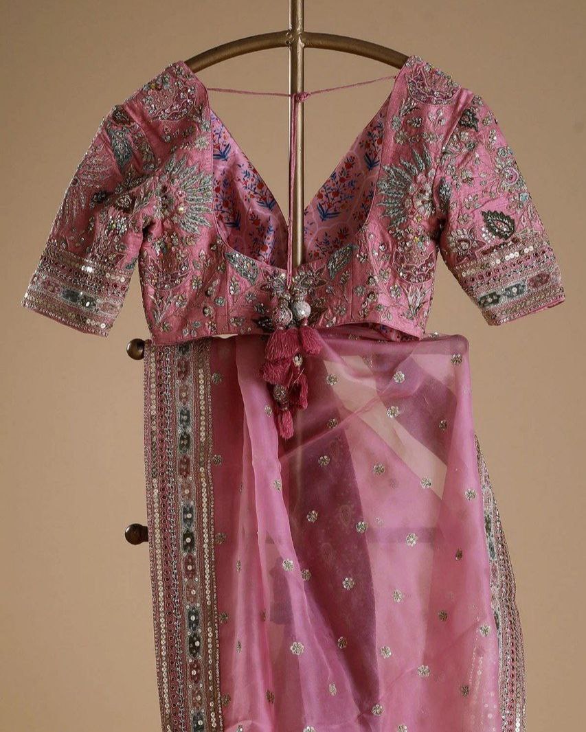 Designer Pink Organza Silk Embroidery Work Saree With Blouse