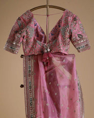 Designer Pink Organza Silk Embroidery Work Saree With Blouse