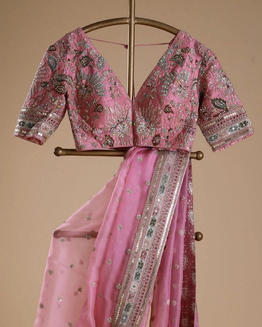 Designer Pink Organza Silk Embroidery Work Saree With Blouse