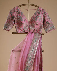 Designer Pink Organza Silk Embroidery Work Saree With Blouse