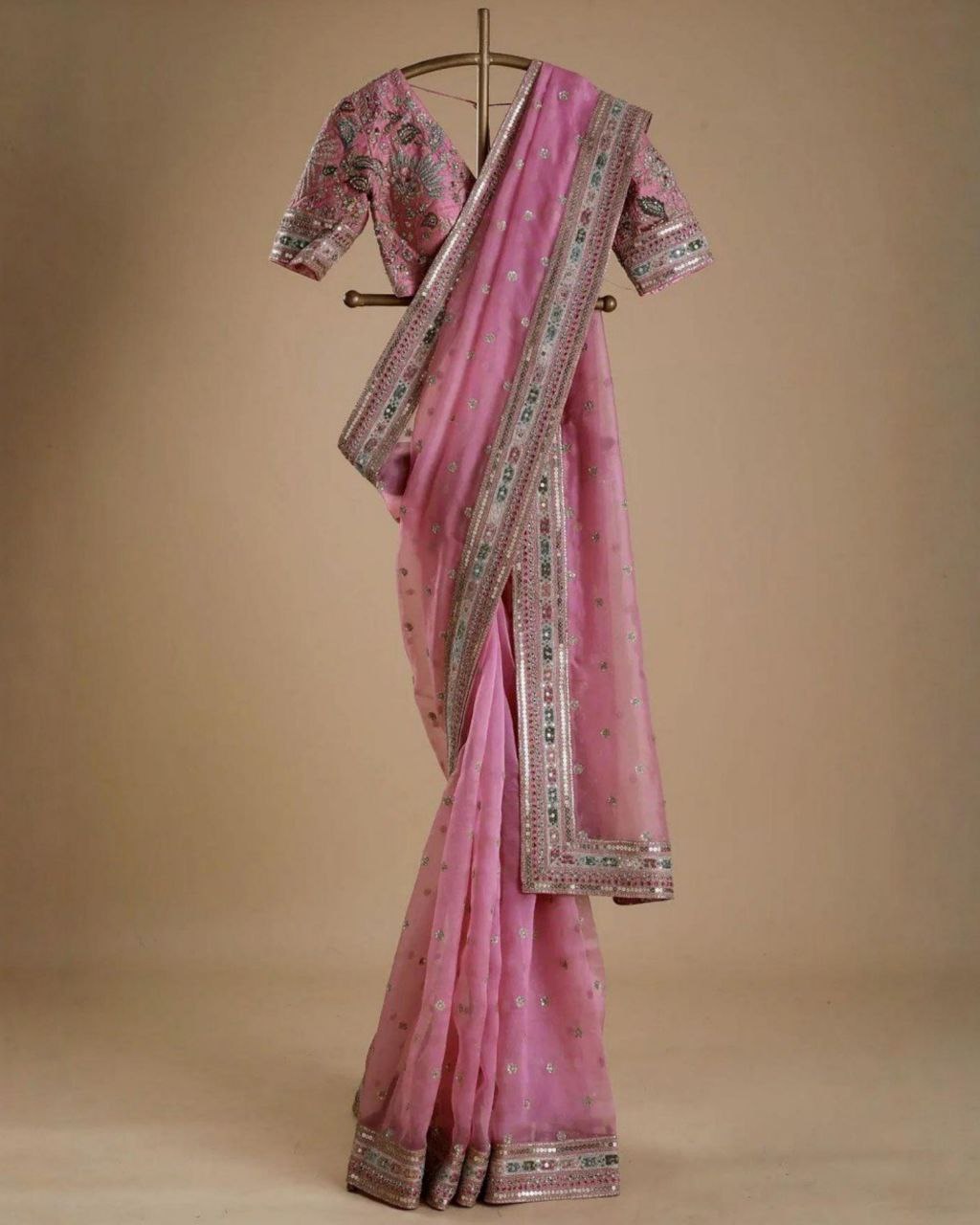 Designer Pink Organza Silk Embroidery Work Saree With Blouse