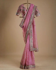 Designer Pink Organza Silk Embroidery Work Saree With Blouse