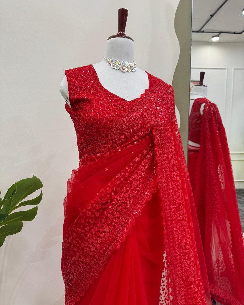 Designer Hot Red Soft Net Sequence Work Saree With Blouse