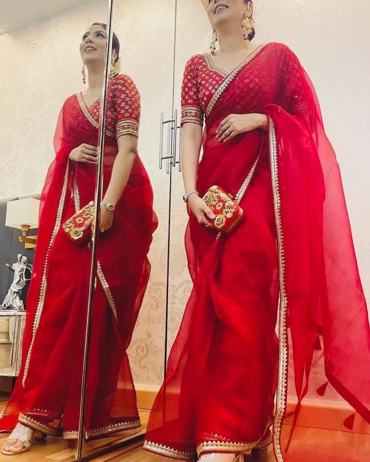 Designer Hot Red Organza Silk Embroidery Work Saree With Blouse