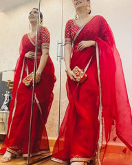 Designer Hot Red Organza Silk Embroidery Work Saree With Blouse