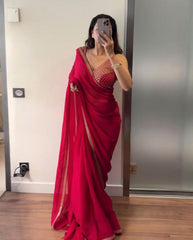Red Soft Georgette Embroidery Work Saree With Blouse