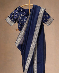 Designer Neavy Blue Organza Silk Sequence Work Saree With Blouse