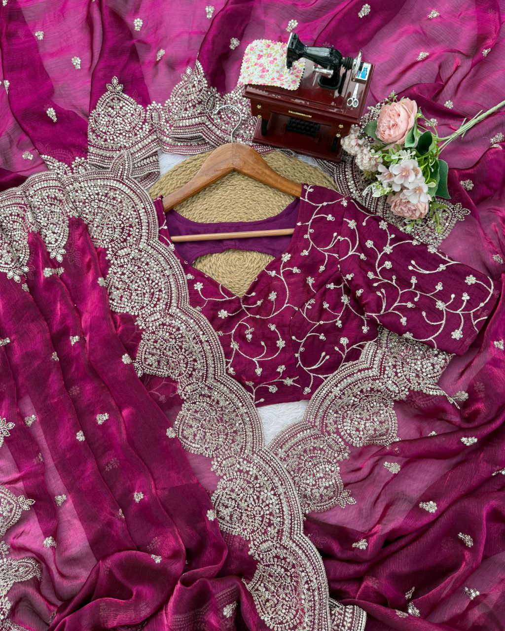 Designer Yellow & Wine Chiffon Silk Embroidery Work Saree With Blouse