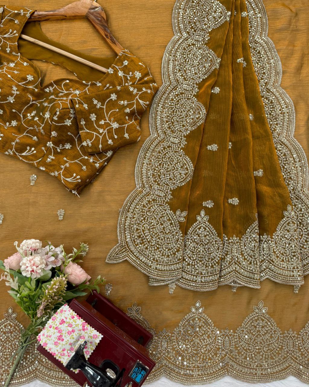 Designer Yellow & Wine Chiffon Silk Embroidery Work Saree With Blouse