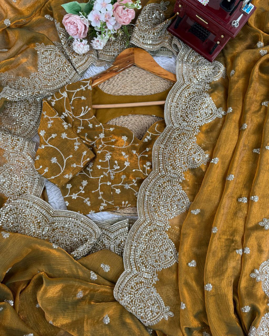 Designer Yellow & Wine Chiffon Silk Embroidery Work Saree With Blouse