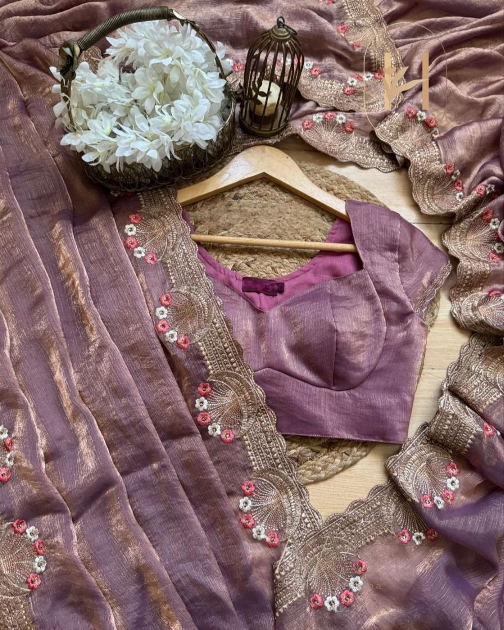 Designer Onion Fendy Silk Sequence Work Saree With Blouse