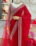 Designer Red Tibby Silk Sequence Work Saree With Blouse And Dupatta