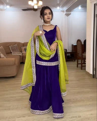 Exclusive Purple Velvet Sequence Work Sharara Suit With Green Dupatta