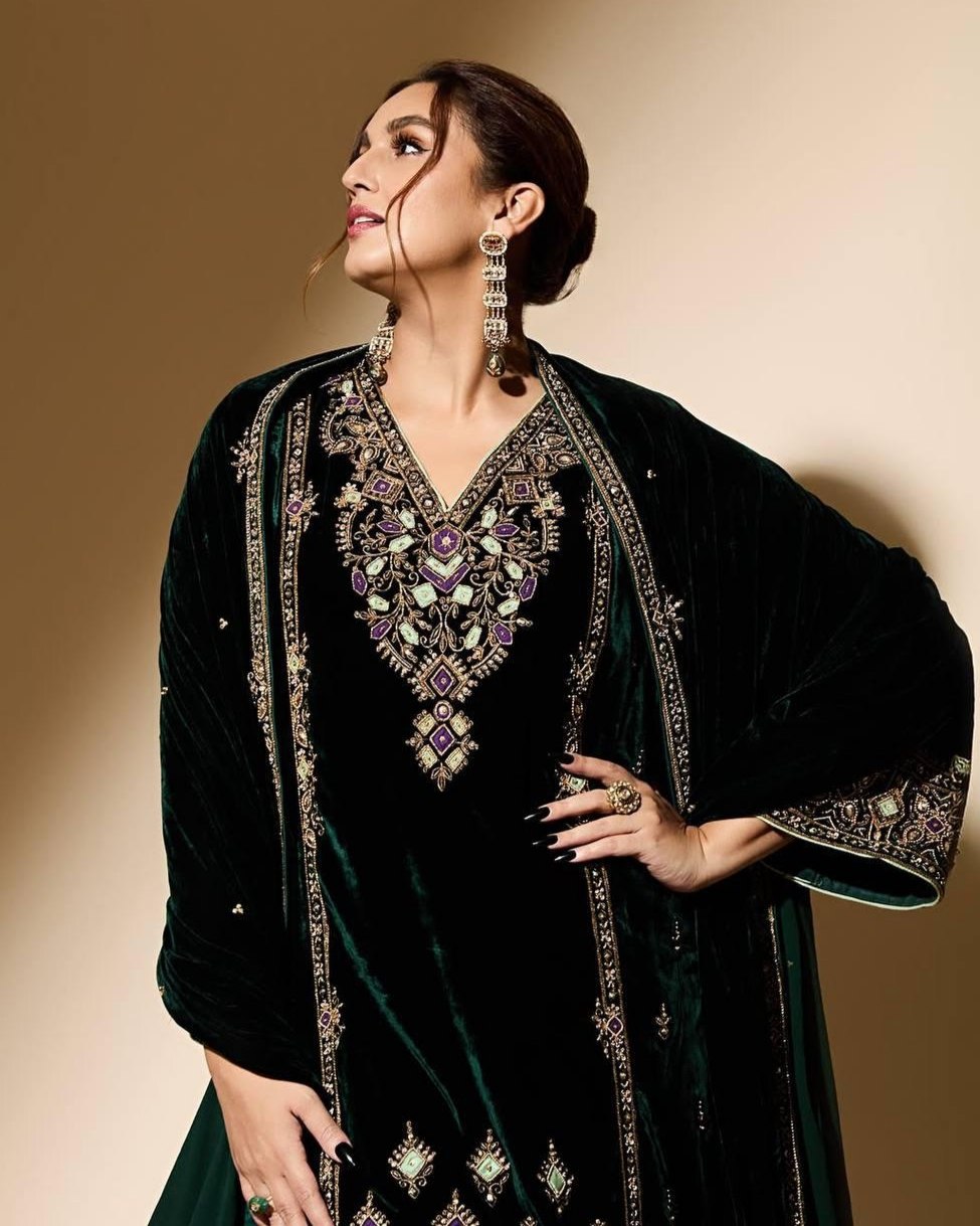 Exclusive Dark Green Velvet Sequence Work Pant Suit With Dupatta