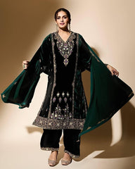 Exclusive Dark Green Velvet Sequence Work Pant Suit With Dupatta