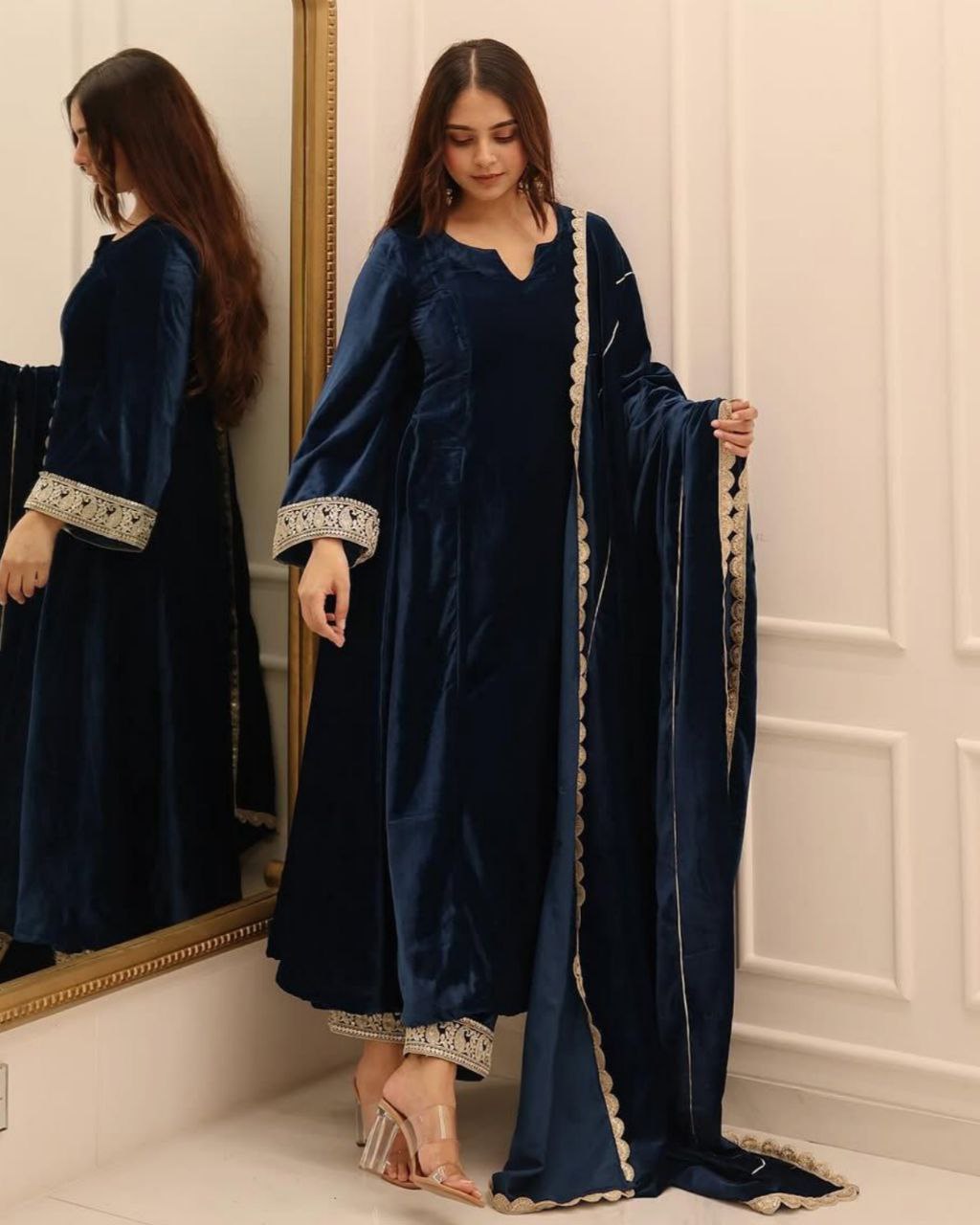 Exclusive Morpinch Velvet Sequence Work Pant Suit With Dupatta