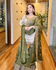 Green-Grey Chinon Silk Sequence Work Gharara Suit With Dupatta