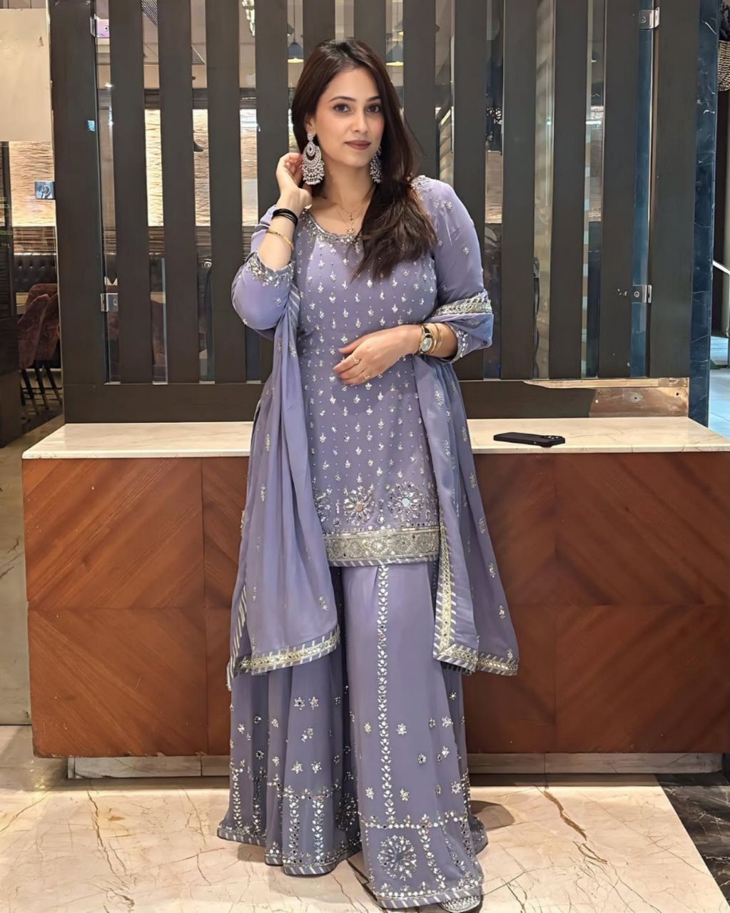 Lilac Soft Georgette Embroidery Work Sharara Suit With Dupatta