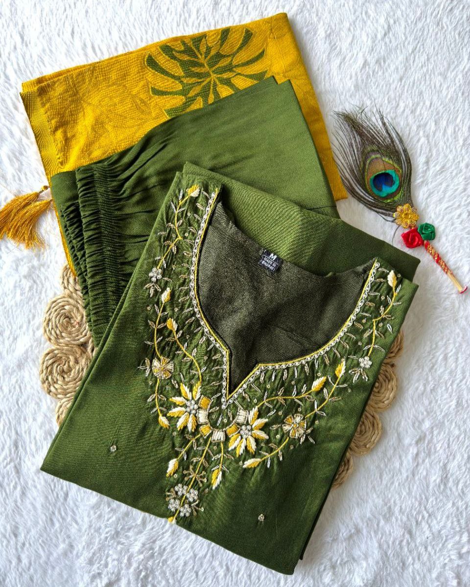 Ready To Wear Green-Yellow Roman Silk Hand Work Pant Suit With Dupatta