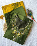 Ready To Wear Green-Yellow Roman Silk Hand Work Pant Suit With Dupatta