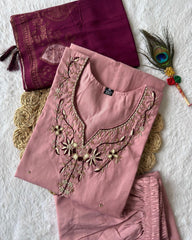 Designer Peach Roman Silk Emrboidery Work Pant Suit With Wine Dupatta