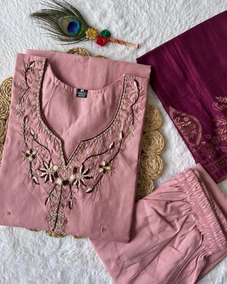 Designer Peach Roman Silk Emrboidery Work Pant Suit With Wine Dupatta