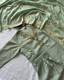 Designer Sage Green Roman Silk Emrboidery Work Pant Suit With Dupatta