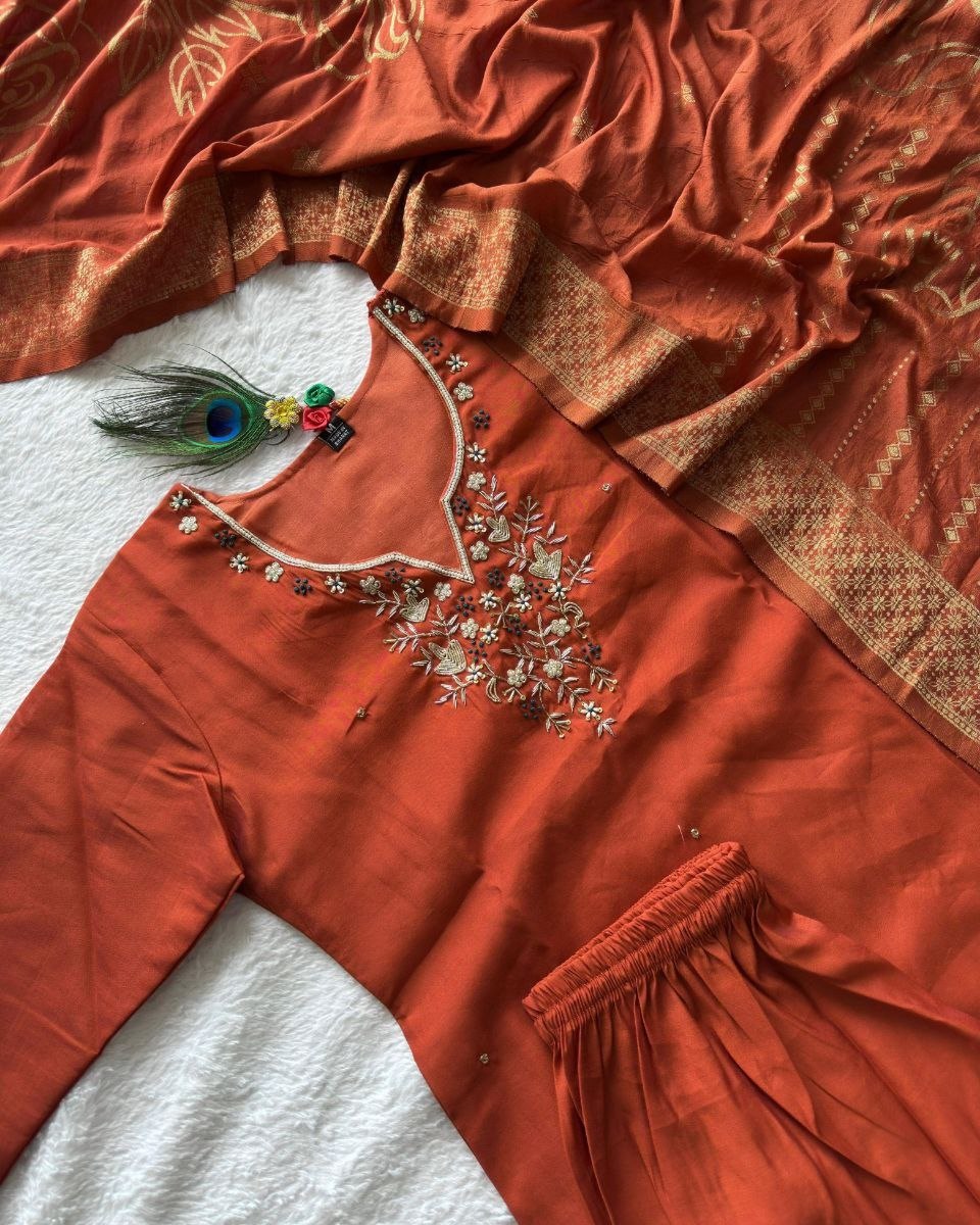 Ready To Wear Rust Roman Silk Hand Work Pant Suit With Dupatta