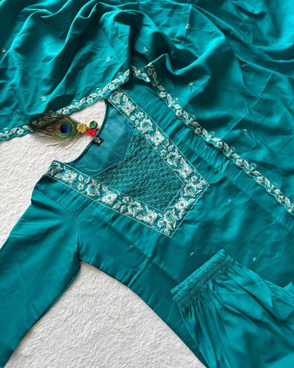 Ready To Wear Rama & Pink Roman Silk Hand Work Pant Suit With Dupatta