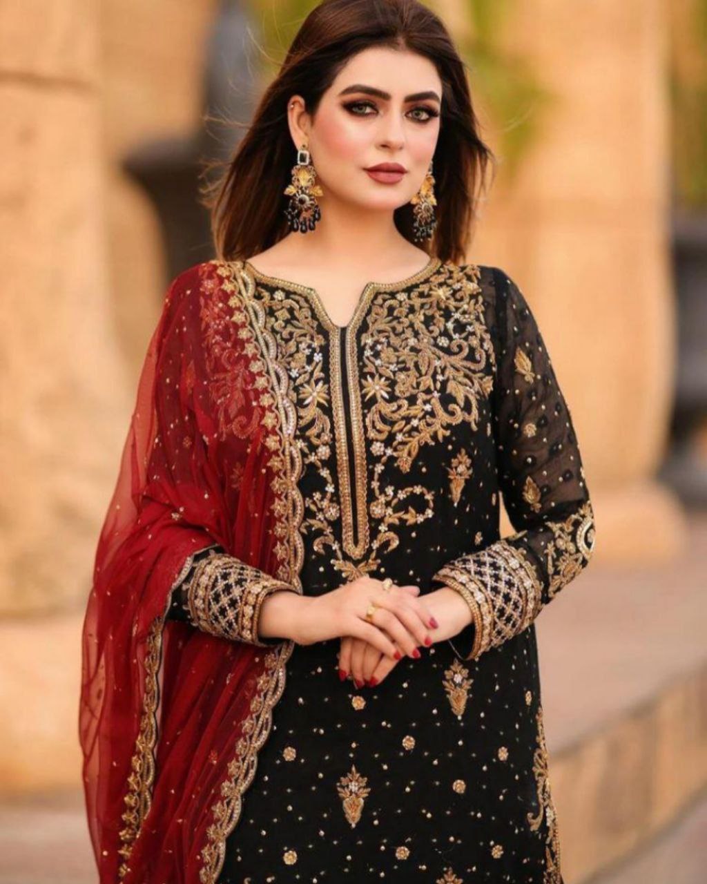 open lace back dress Lulusar Silk Red & Black Hand Work Party Wear Collection 3pc Stitched –  GoodLuck Collections main image 1