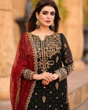 Exclusive Black Georgette Embroidery Work Pakistani Suit With Red Dupatta