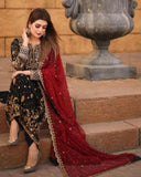 Exclusive Black Georgette Embroidery Work Pakistani Suit With Red Dupatta