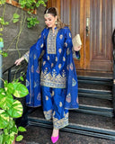 Royal Blue Chinon Silk Sequence Work Farshi Suit With Dupatta