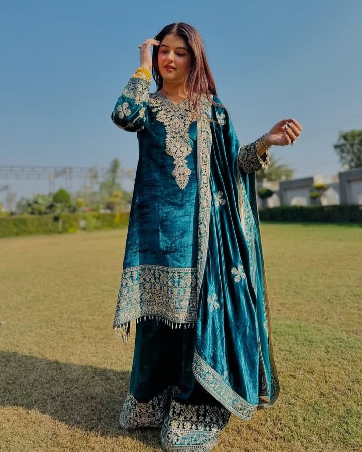 Exclusive Rama Velvet Embroidery Work Palazo Suit With Dupatta