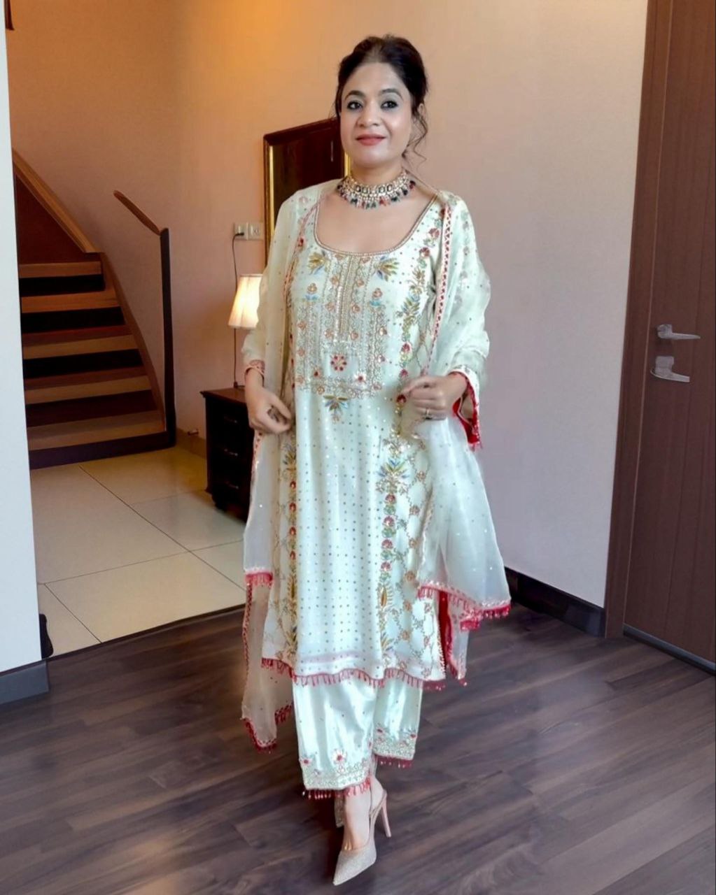 Cream Soft Georgette Embroidery Work Pant Suit With Dupatta