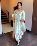 Cream Soft Georgette Embroidery Work Pant Suit With Dupatta