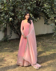 Designer Peach & Red Soft Georgette Embroidery Work Anarkali Gown With Dupatta