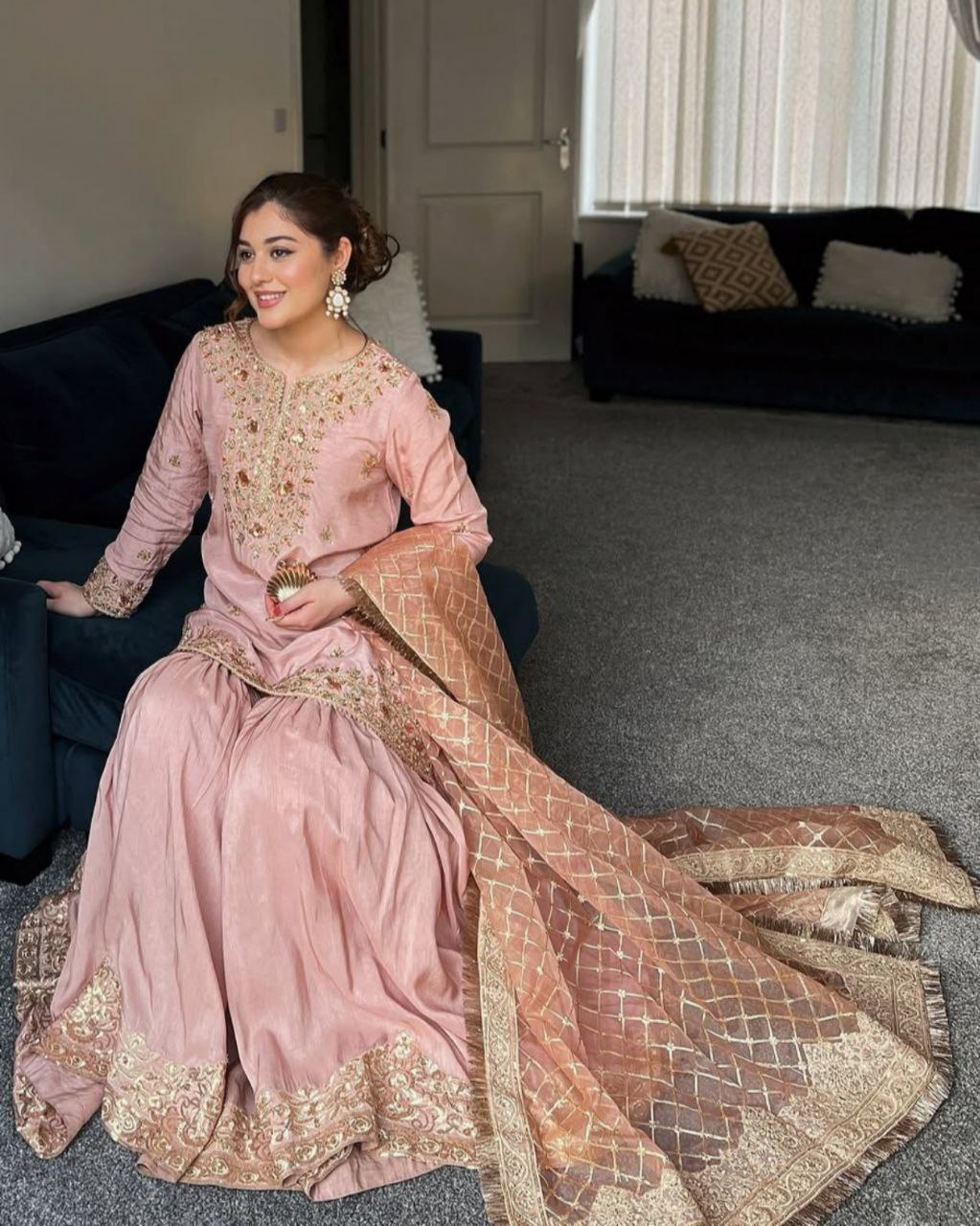 Peach Pink Chinon Silk Embroidery Work Gharara Suit With Dupatta