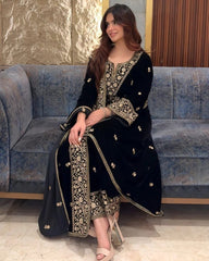 Exclusive Black & Maroon Velvet Sequence Work Pant Suit With Dupatta