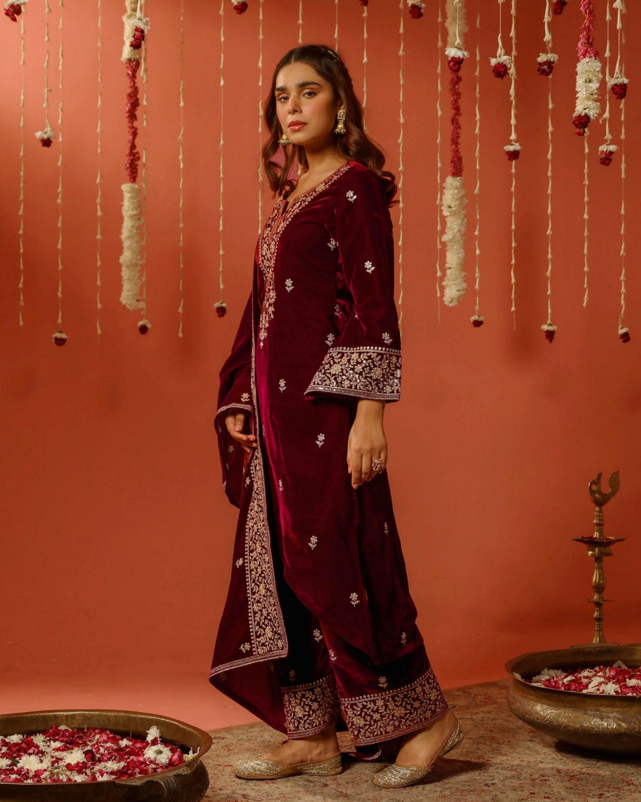 Exclusive Black & Maroon Velvet Sequence Work Pant Suit With Dupatta