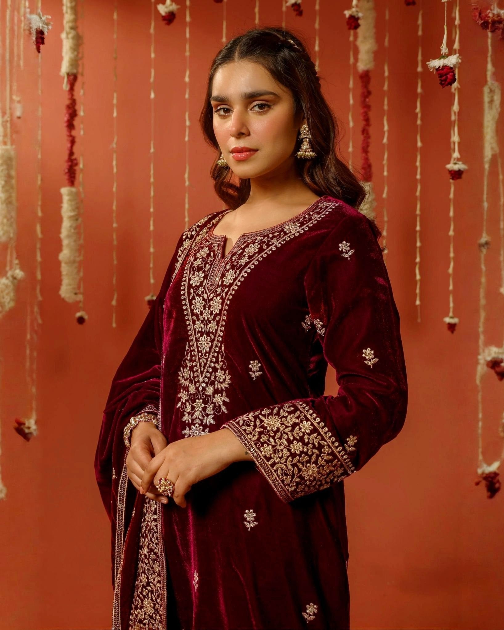Exclusive Black & Maroon Velvet Sequence Work Pant Suit With Dupatta