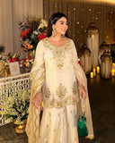 Exclusive Cream Chinon Silk Embroidery Work Sharara Suit With Dupatta