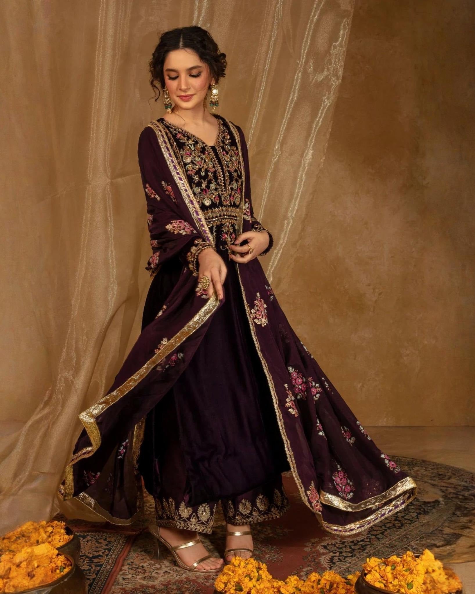 Exclusive Black Velvet Embroidered Pant Suit With Dupatta