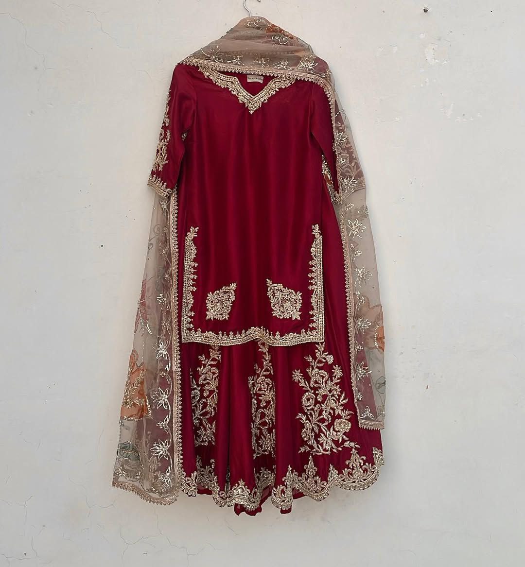 Exclusive Red Chinon Silk Embroidery Work Sharara Suit With Dupatta