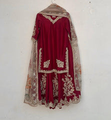 Exclusive Red Chinon Silk Embroidery Work Sharara Suit With Dupatta