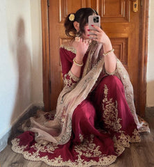 Exclusive Red Chinon Silk Embroidery Work Sharara Suit With Dupatta